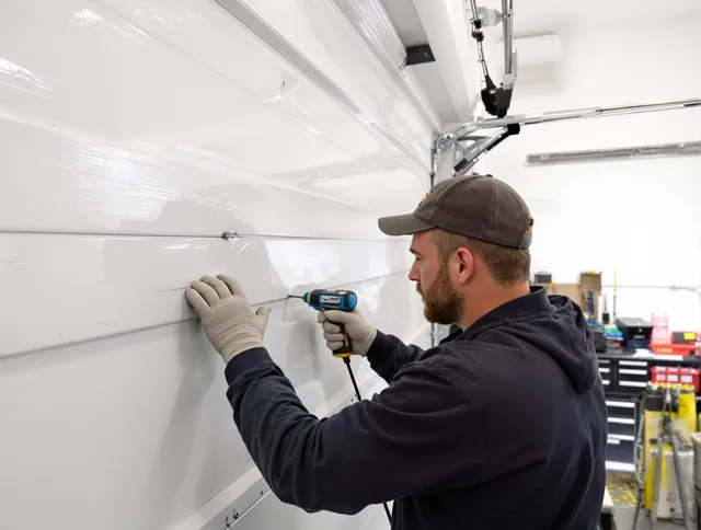 Bristol Garage Door Repair technician demonstrating precision dent removal techniques on a Bristol garage door